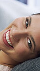 Wellness, happy and woman on couch with face, positive attitude and optimism on weekend break. Wellbeing, comfortable and person in house with good mood, confidence and satisfaction in Los Angeles.