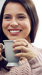 Happy, woman and drinking coffee in living room with calm morning routine, wellness and weekend break. Female person, smile and relax in home with warm beverage, satisfaction or cozy on peaceful day.