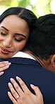 Marriage, hug and couple on their wedding day with love, care and commitment to relationship. Happy bride, groom and people together for union outdoor in park with romance, smile and partner