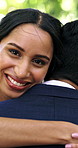 Marriage, hug and face of woman on wedding day with love, care and commitment to relationship. Happy bride, man or couple together for union outdoor in park with romance, smile and partner