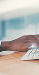 Hospital, doctor and hands with keyboard, healthcare and patient records update on website or online. Health specialist, typing and person with computer, flare and medical research for treatment plan