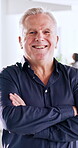 Arms crossed, face and laughing with business man in office for about us, confidence or humor. Friendly, funny and job satisfaction with mature manager in professional workplace for development