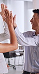 High five, celebration and team with applause for success, achievement or collaboration goal. Clapping hands, happy and excited business people for partnership, good news or congratulations in office