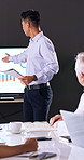 Meeting, presentation and man in office with business people for company profit, revenue and pitch. Administration, agenda and financial manager with digital tech for graphs, budget or research