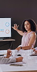 Meeting, screen and woman in office with business people for presentation, revenue or profit pitch. Administration, agenda and financial manager with digital tech for graphs, budget or paperwork