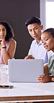 Meeting, laptop and conversation in office with business people for company profit, revenue and pitch. Administration, agenda and financial manager with digital tech for report, budget or paperwork