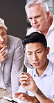 Team, mentor and advice with notebook in business for market summary, trading strategy or feedback. Explain, people and discussion with traders journal in office for entry price, patterns or training