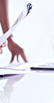 Documents, hands and reading with business people in boardroom together for discussion or meeting. Conversation, paperwork and update with employee team in office for  feedback, report or review