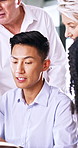 Team, mentor and advice with computer in business for market summary, live trading tips or support. Pc, people or coaching with traders journal in office for platform navigation, research or training
