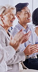 Seminar, applause and business people laugh with support, success or financial achievement. Workshop, smile or audience clapping for win, excited and celebration in office for investment growth