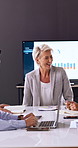 Meeting, start and woman in office with business people for company profit, revenue and pitch. Administration, CEO discussion and financial manager with digital tech for graphs, approval or promotion