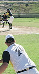 Outdoor, team and man with throw for sport, fitness practice and match preparation for competition. Training, hit ball or baseball players with equipment for skill development, pitch drills or active