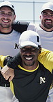 Baseball, face and solidarity with team of players outdoor on pitch together for support. Hug, smile and unity with group of happy people embracing at sports venue for competition, game or match