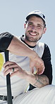 Face, man and baseball player with bat for sports, fitness and happiness with match training. Portrait, batter and professional athlete outdoor, smile and confident with equipment for competition