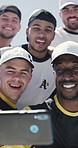 Outdoor, team or baseball player with smile for selfie, social media or picture for sport club web page. Training post, bonding or men with photography for internet update, fitness or contest memory
