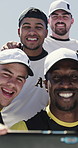 Fitness, team or baseball player with smile for selfie, social media or picture for sport club web page. Training post, bonding or men with photography for internet update, outdoor or contest memory