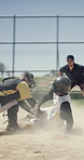 Running, man and slide on field for baseball, fitness and competition with game action. Athlete, people or defensive play outdoor with speed, tag avoidance and ball for base shot of sports tournament