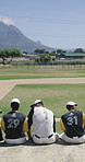 Back, team and men on baseball field with discussion, bonding together and break for fitness practice. People, conversation and relax outdoor by pitch with training recovery, sports and diversity.