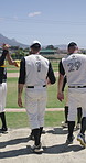 Baseball, team and high five by field with break, fitness training and encouragement for competition. Men, motivation or athlete relax outdoor by pitch with practice recovery, wellness or sports club