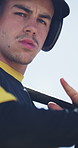 Outdoor, face or man with baseball bat for fitness, swing practice or concentration for competition. Portrait, sport drills or player with gear for contest training, coordination or skill development