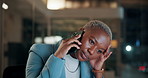 Stress, phone call and black woman in office at night with contact for international finance client. Cellphone, deadline and African financial manager on mobile discussion with loss in stock market.