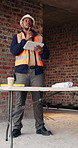 Builder, thinking and man with tablet in building, search or safety inspection with info on website. Architect, reflection and person with tech for property development, reading and plan for project