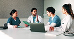 Tablet, meeting and advice with doctors in office for vaccine report, healthcare review and research. Medical workshop, disease protocol and team with people in hospital for treatment feedback