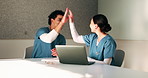 High five, laptop and team with nurses in office for medical success, meeting and achievement. Healthcare report, support and clinical study results with people in hospital for cure celebration