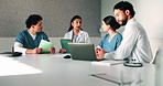 Tablet, meeting and planning with doctors in office for vaccine report, healthcare review and research. Medical workshop, disease protocol and team with people in hospital for treatment feedback