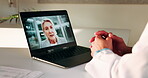 Hands, doctor or laptop video call with woman for lawsuit review, legal preparation or info. Mature person, malpractice attorney or virtual chat with surgeon for incident advice, litigation or clinic
