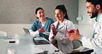 Doctor, team and clapping in hospital with laptop, medical research or good news for patient recovery. People, smile and talk in clinic with healthcare success, applause or computer for notification.