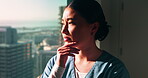 Thinking, worry or nurse by window in hospital, shift reflection or medicine mistake for patient. Concerned, healthcare worker or Asian woman with treatment error for medical care, vision or stress