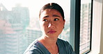 Woman, nurse and thinking by window with grief, fatigue or mistake in hospital. Mental health, sad physician and medical person with healthcare, anxiety and stress for loss or surgery fail in clinic