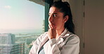 Thinking, doctor and woman by window in hospital, patient condition and reflection for diagnosis idea. Calm, healthcare worker and physician with plan for medical care, vision and treatment solution