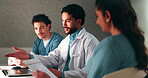 Laptop, doctor and meeting with man in office for vaccine report, healthcare review and research. Medical workshop, disease protocol and team with people in hospital for treatment feedback and nurse