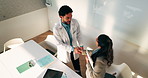 Doctors, handshake and team with meeting at hospital, above and thanks with director in boardroom. People, smile and medical professional with shaking hands, discussion or wellness service at clinic