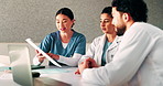 Medical team, nurse and clipboard with discussion in hospital for test results, surgery plan or info. Healthcare, doctors and people with meeting for clinic workflow, staff schedule and cooperation