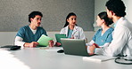Doctor, people and meeting in hospital with tablet, medical research or advice for team collaboration. Healthcare, coworkers and discussion in clinic with tech, plan or instructions for patient care.