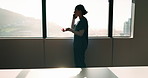 Woman, nurse and phone call by window at hospital, discussion or explain with insight for wellness. Person, medical professional and mobile network for communication, feedback or healthcare at clinic