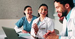 Medical, team and applause in hospital with laptop, collaboration or good news for patient recovery. People, smile and clap in clinic with healthcare success, milestone and computer for notification.