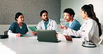 Tablet, workshop and planning with doctors in office for talking, surgery schedule and research. Medical, discussion and advice with people in hospital for treatment feedback and diagnosis report