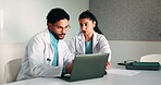 Laptop, meeting and research with doctors in office for vaccine report, healthcare review and team. Medical workshop, disease protocol and advice with people in hospital for treatment feedback