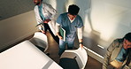 Doctors, nurse and team with meeting at hospital, above and leaving with documents, tablet and admin. People, group and medical professional with director, discussion or wellness service at clinic