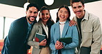 Happy, teamwork and face of business people in office with confidence for finance career growth. Collaboration, laughing and portrait of financial advisors with pride for about us in workplace.