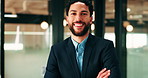 Crossed arms, smile and face of businessman in office with confidence for finance career. Happy, job opportunity and portrait of male financial manager with pride for about us at workplace in Mexico.