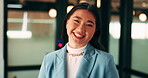 Professional, happy and face of businesswoman in office with confidence for finance career. Smile, job opportunity and portrait of Asian female financial manager with pride for about us at workplace.