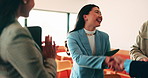 Happy, business and woman with handshake in office for welcome, introduction and praise for bonus. Smile, people and shaking hands for greeting with team applause, congratulations and promotion deal