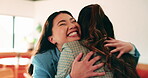 Business, women and excited with hug in office for law licence, career milestone and support. Legal intern, lawyer and happy with embrace in firm for bar exam pass, achievement or qualification pride