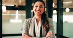 Business, face or happy woman with arms crossed in office for career pride, development or growth. Portrait, female person or employee with smile or confidence for job opportunity in workplace