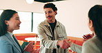 Business people, teamwork and handshake for success with applause, collaboration and congratulations. Men, women and happy in creative agency for onboarding, welcome or discussion in modern office